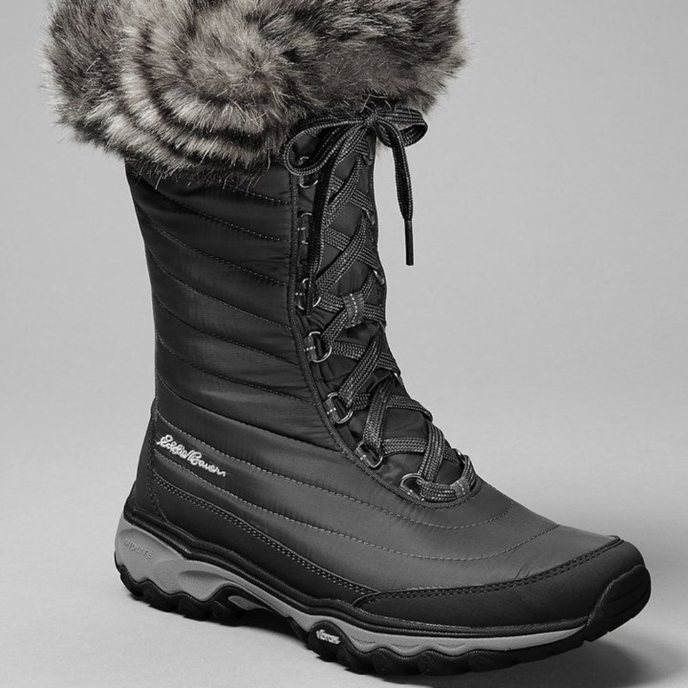 Eddie Bauer Women’s Microtherm II Tall Winter Black Boots Faux Fur Trim Laces